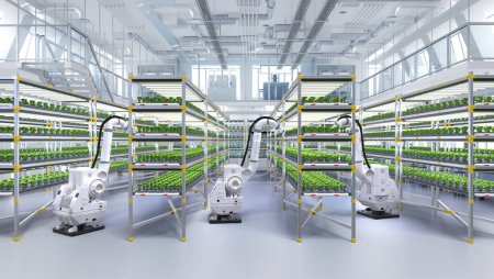 Foto de Concepto de tecnología agrícola con fertilizante robótico 3D para pulverización de brazos en plantas en invernadero - Imagen libre de derechos