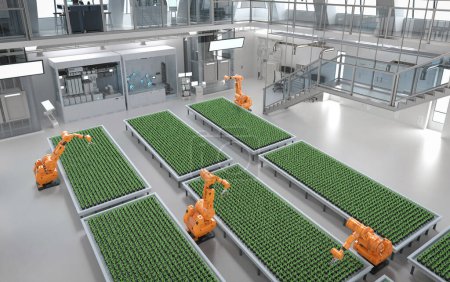 Foto de Concepto de tecnología agrícola con brazo robótico de renderizado 3D en invernadero - Imagen libre de derechos