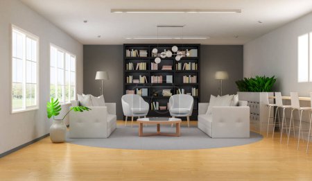 Foto de 3d renderizado interior de la sala de estar en un estilo acogedor con librería - Imagen libre de derechos