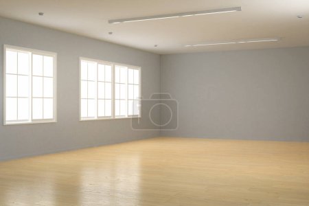Téléchargez les photos : 3d rendant vide intérieur de la pièce confortable avec plancher en bois et mur gris - en image libre de droit