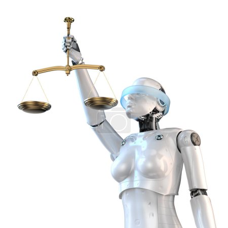 Foto de 3d renderizado robótica dama de justicia mano mantenga ley escala aislado - Imagen libre de derechos