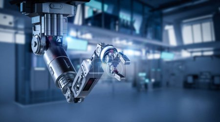 Foto de Fábrica de automatización con brazo de robot de renderizado 3D o mano robótica en fábrica - Imagen libre de derechos