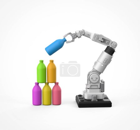 Concepto de aprendizaje automático con brazo robótico de renderizado 3D organizar botellas de juguete