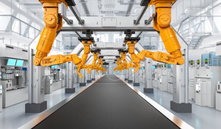 Foto de Concepto de industria de automatización con línea de montaje de robot de renderizado 3D en fábrica - Imagen libre de derechos