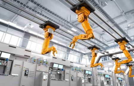 Téléchargez les photos : Concept de l'industrie de l'automatisation avec chaîne d'assemblage de robots de rendu 3d en usine - en image libre de droit