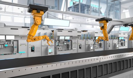 Foto de Concepto de industria de automatización con línea de montaje de robot de renderizado 3D en fábrica - Imagen libre de derechos