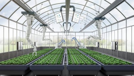Foto de Tecnología agrícola con asistente de robot de renderizado 3D en granjas interiores o invernaderos - Imagen libre de derechos