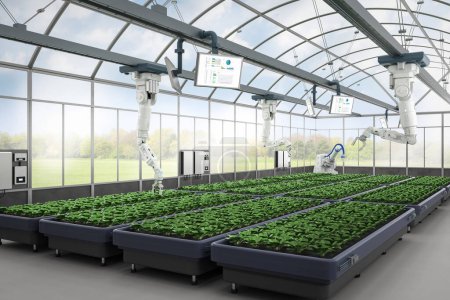 Téléchargez les photos : Technologie agricole avec robot assistant de rendu 3d dans une ferme intérieure ou une serre - en image libre de droit