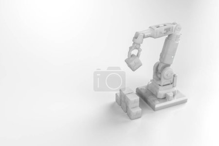 Téléchargez les photos : 3d bras robotique de rendu organiser des blocs de jouets dans l'animation maison 4k - en image libre de droit