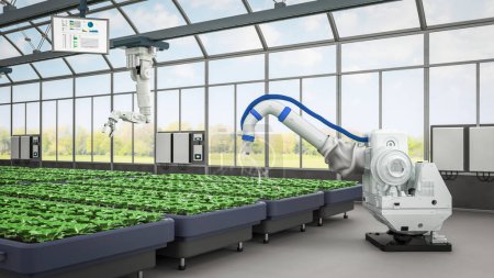 Foto de Tecnología agrícola con asistente de robot de renderizado 3D en granjas interiores o invernaderos - Imagen libre de derechos
