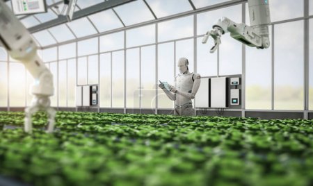 Photo for Agriculture technology with 3d rendering robot assistant in indoor farm or glasshouse - Royalty Free Image