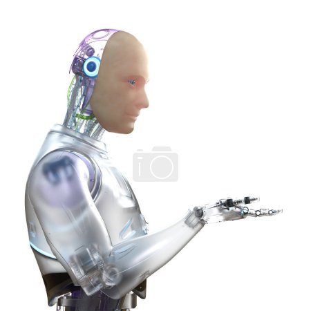 Téléchargez les photos : 3d rendant la peau artificielle ou robot de peau semblable à l'homme main ouverte isolé sur blanc - en image libre de droit