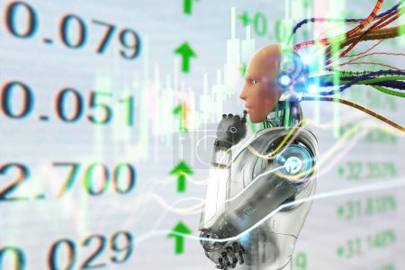 Téléchargez les photos : Concept de technologie financière avec robot humanoïde rendu 3d analyser le marché boursier - en image libre de droit