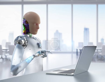 Téléchargez les photos : Concept de travailleur de l'automatisation avec un robot de rendu 3d ai travaillant dans un bureau intelligent - en image libre de droit