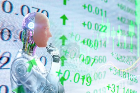 Téléchargez les photos : Concept de technologie financière avec robot humanoïde rendu 3d analyser le marché boursier - en image libre de droit