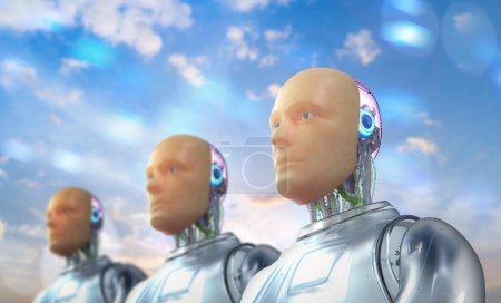 Téléchargez les photos : Groupe de rendu 3d de robots de peau artificielle ou de peau semblable à l'homme dans une rangée - en image libre de droit