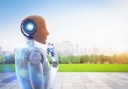 3d rendering artificial skin or human-like skin robot with cityscape background