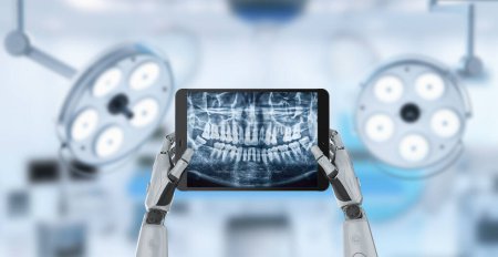Téléchargez les photos : Concept de technologie médicale avec rendu 3d ai robot analyser la tomographie par rayons X dents - en image libre de droit