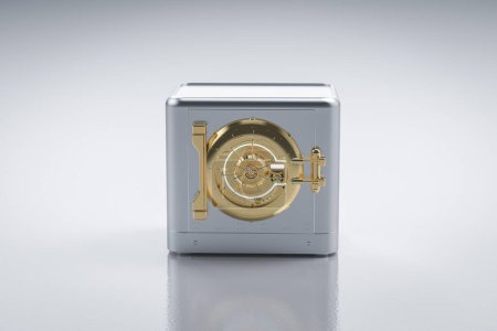 Foto de 3d renderizado banco metálico seguro o seguro de acero con bóveda de oro - Imagen libre de derechos