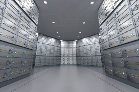 3d rendering safe deposit boxes inside bank vault interior
