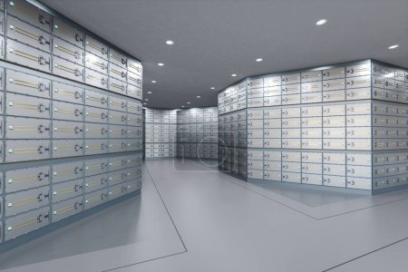3d rendering safe deposit boxes inside bank vault interior