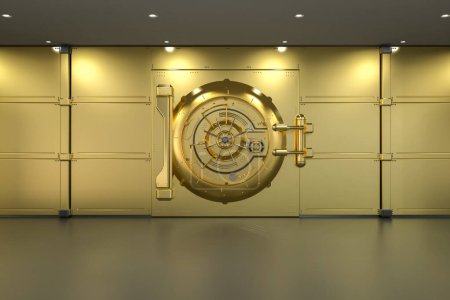 Foto de 3d renderizado puerta de la bóveda del banco de oro cerrado - Imagen libre de derechos