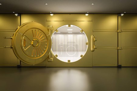 Foto de 3d renderizado puerta de la bóveda del banco de oro abierta con luz brillante - Imagen libre de derechos