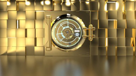 Foto de 3d renderizado puerta de la bóveda del banco de oro con interior de pared de oro - Imagen libre de derechos