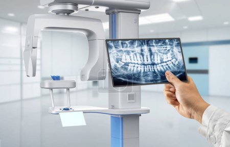 Téléchargez les photos : La salle d'hôpital de rendu 3d avec le dentiste analysent le film numérique de rayons X de la machine de scanner - en image libre de droit
