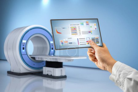 Photo for Doctor with graphic interface display in 3d rendering hospital room with mri scanner machine - Royalty Free Image