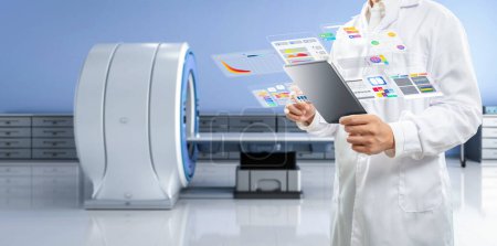 Foto de Doctor con pantalla de interfaz gráfica en la sala de hospital de renderizado 3d con máquina de escáner mri - Imagen libre de derechos