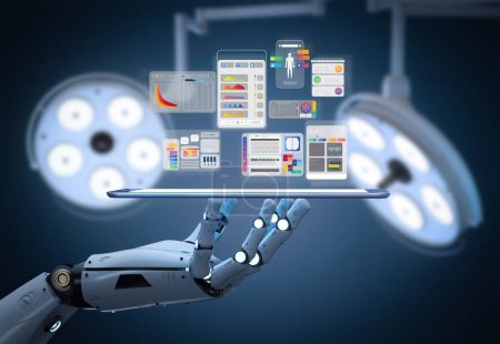 Téléchargez les photos : Concept de technologie médicale avec robot médecin de rendu 3d avec affichage d'interface graphique - en image libre de droit