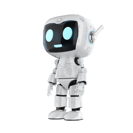 Téléchargez les photos : 3d rendant mignon et petit robot assistant personnel intelligence artificielle avec personnage de dessin animé regarder isolé sur blanc - en image libre de droit