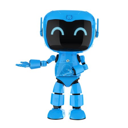 Foto de 3d renderizado lindo y pequeño robot asistente personal de inteligencia artificial con personaje de dibujos animados mano abierta aislada en blanco - Imagen libre de derechos
