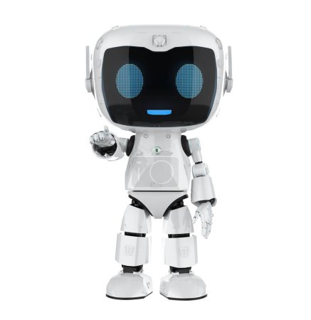 Téléchargez les photos : 3d rendant mignon et petit robot assistant personnel intelligence artificielle avec pointe de doigt personnage de dessin animé isolé sur blanc - en image libre de droit