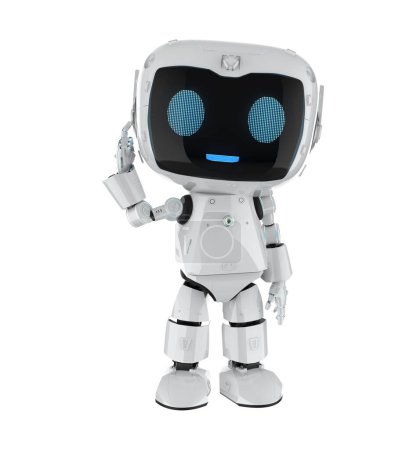 Téléchargez les photos : 3d rendant mignon et petit robot assistant personnel intelligence artificielle avec pointe de doigt personnage de dessin animé isolé sur blanc - en image libre de droit