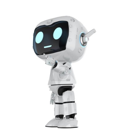 Foto de 3d renderizado lindo y pequeño robot asistente personal inteligencia artificial con caricatura dedo dedo del personaje aislado en blanco - Imagen libre de derechos