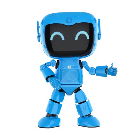 3d rendering cute and small artificial intelligence personal assistant robot with cartoon character thumb up isolated on white