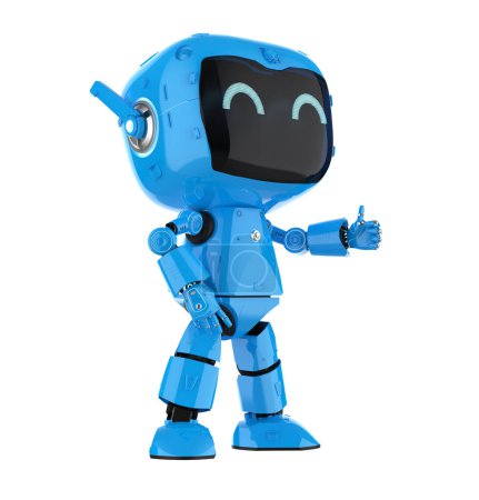 Foto de 3d renderizado lindo y pequeño robot asistente personal de inteligencia artificial con caricatura pulgar hacia arriba aislado en blanco - Imagen libre de derechos