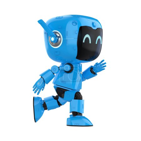 Téléchargez les photos : 3d rendant mignon et petit robot assistant personnel intelligence artificielle avec personnage de dessin animé marcher isolé sur blanc - en image libre de droit