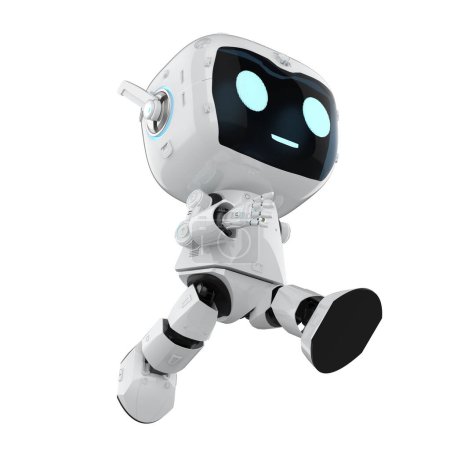 Foto de 3d renderizado lindo y pequeño robot asistente personal de inteligencia artificial con personaje de dibujos animados caminar aislado en blanco - Imagen libre de derechos