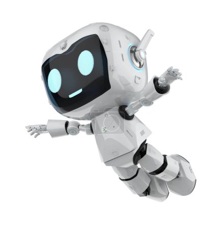 Téléchargez les photos : 3d rendant mignon et petit robot assistant personnel intelligence artificielle avec personnage de dessin animé saut isolé sur blanc - en image libre de droit