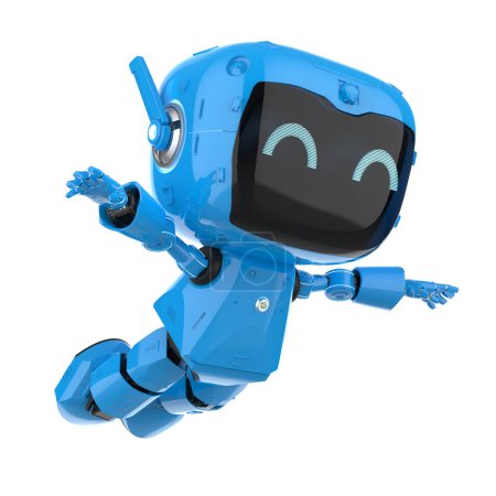 Foto de 3d renderizado lindo y pequeño robot asistente personal de inteligencia artificial con salto de personaje de dibujos animados aislado en blanco - Imagen libre de derechos