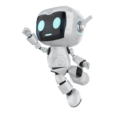 Foto de 3d renderizado lindo y pequeño robot asistente personal de inteligencia artificial con salto de personaje de dibujos animados aislado en blanco - Imagen libre de derechos