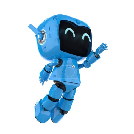 3d renderizado lindo y pequeño robot asistente personal de inteligencia artificial con salto de personaje de dibujos animados aislado en blanco