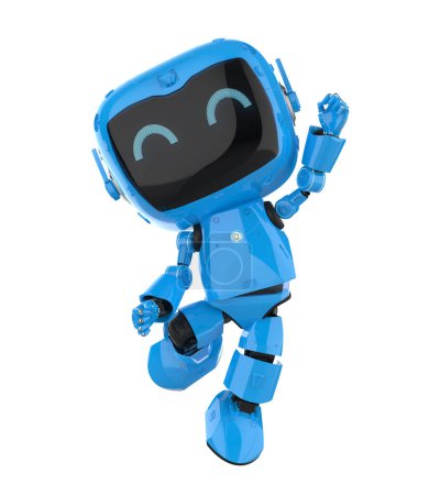 3d rendant mignon et petit robot assistant personnel intelligence artificielle avec personnage de dessin animé saut isolé sur blanc