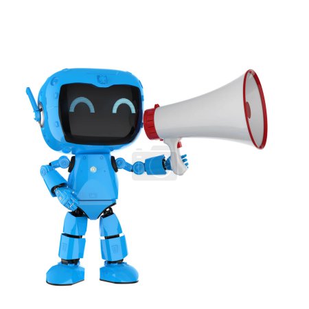 Foto de Concepto de marketing online con robot asistente personal de renderizado 3D con megáfono - Imagen libre de derechos