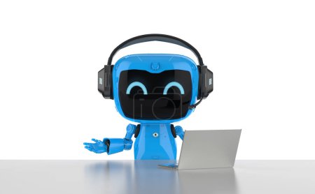 Téléchargez les photos : Automatisation concept de bureautique avec rendu 3d ai assistant personnel robot travailler avec ordinateur portable - en image libre de droit