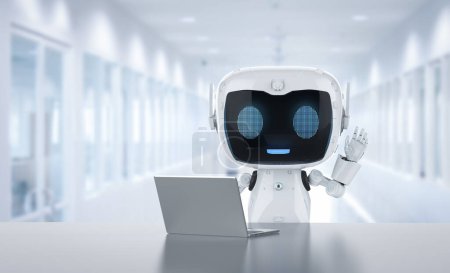 Foto de Automatización concepto de trabajador de oficina con 3d renderizado ai asistente personal robot trabajo con computadora portátil - Imagen libre de derechos
