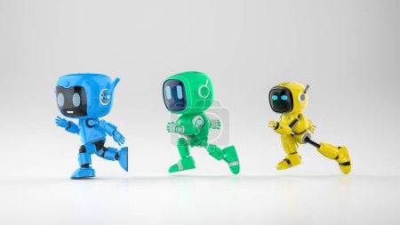 Téléchargez les photos : 3d rendant coloré assistant personnel robots ai courir en compétition - en image libre de droit